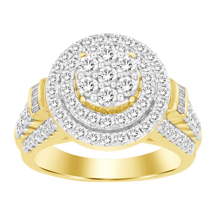 LADIES RING 2.00CT ROUND/BAGUETTE DIAMOND 10K YELLOW GOLD