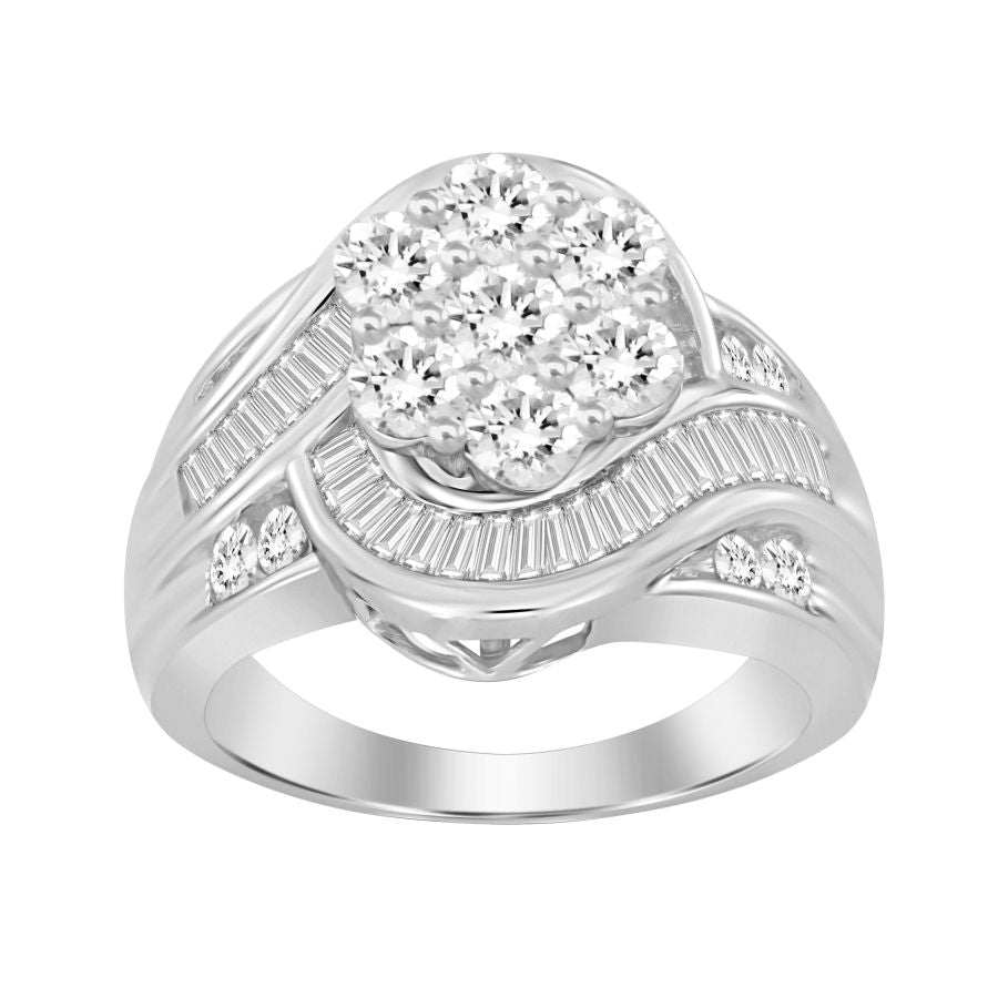 LADIES RING 2.00CT ROUND/BAGUETTE DIAMOND 10K WHITE GOLD