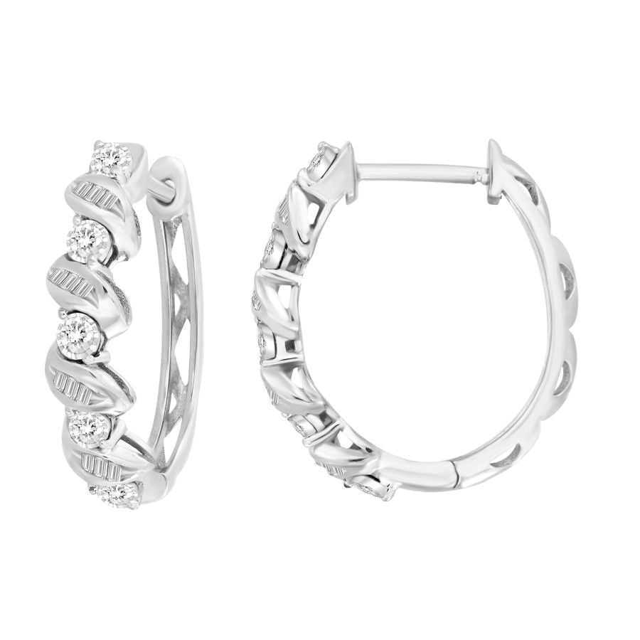 LADIES HOOP EARRINGS 0.25CT ROUND/BAGUETTE DIAMOND 10K WHITE GOLD