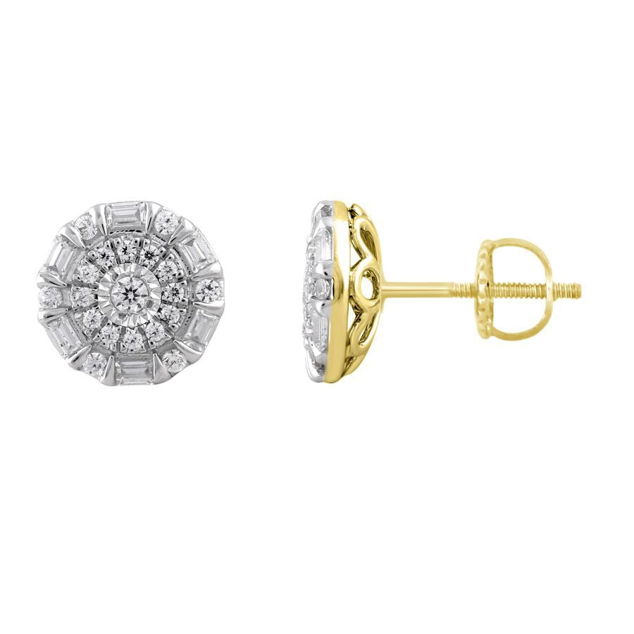 LADIES STUD EARRINGS 0.33CT ROUND/BAGUETTE DIAMOND 10K YELLOW GOLD