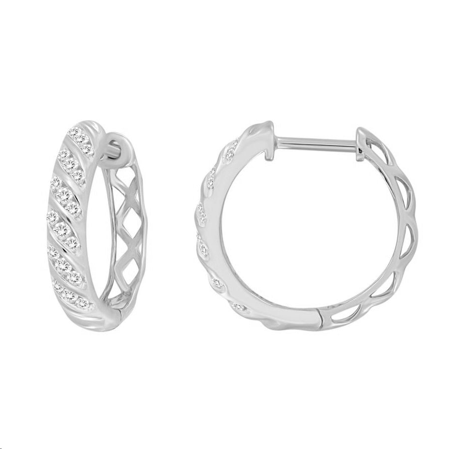 LADIES HOOPS EARRINGS 0.25CT ROUND DIAMOND 10K WHITE GOLD