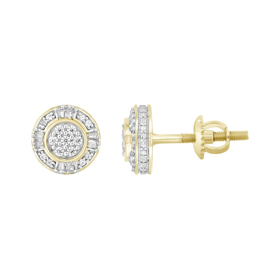 MEN'S STUD EARRINGS 0.25CT ROUND/BAGUETTE DIAMOND 10K YELLOW GOLD