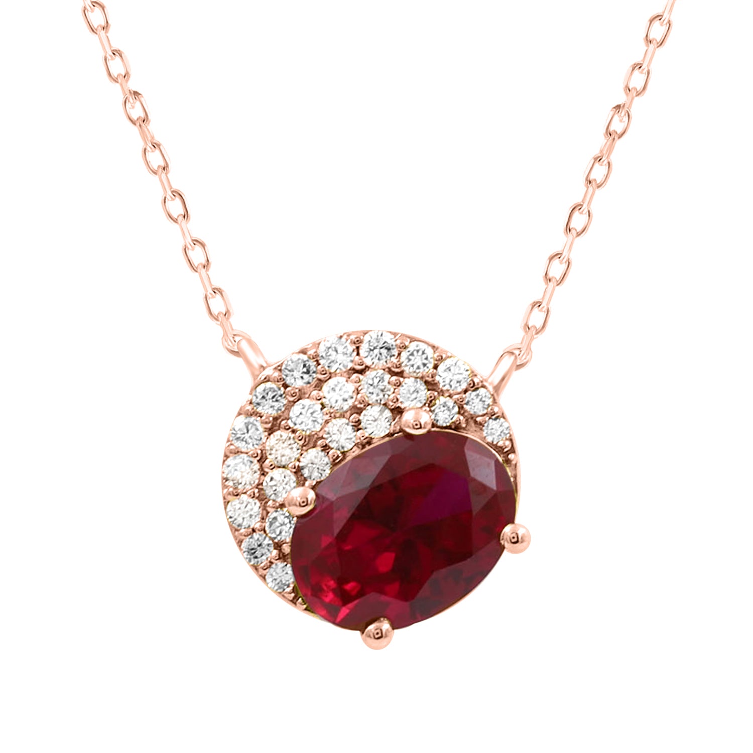 LADIES PENDANT WITH CHAIN 1.55CT ROUND/OVAL/RUBY DIAMOND 14K ROSE GOLD (CENTER STONE OVAL RUBY-1.40CT)