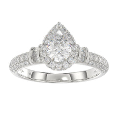 LADIES RING 1.25CT PEAR/BAGUETTE ROUND DIAMOND 14K WHITE GOLD