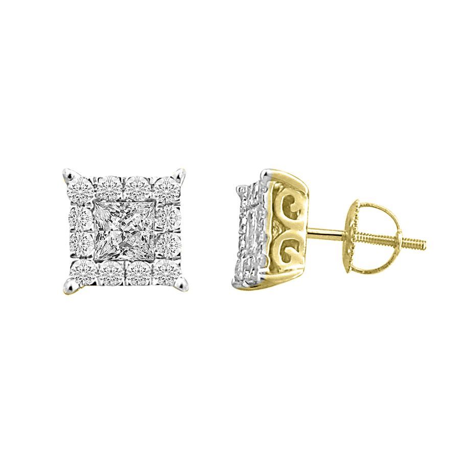 LADIES EARRINGS 1.00CT ROUND/PRINCESS DIAMOND 14K YELLOW GOLD (CENTER STONE 0.60CT PRINCESS DIAMOND)