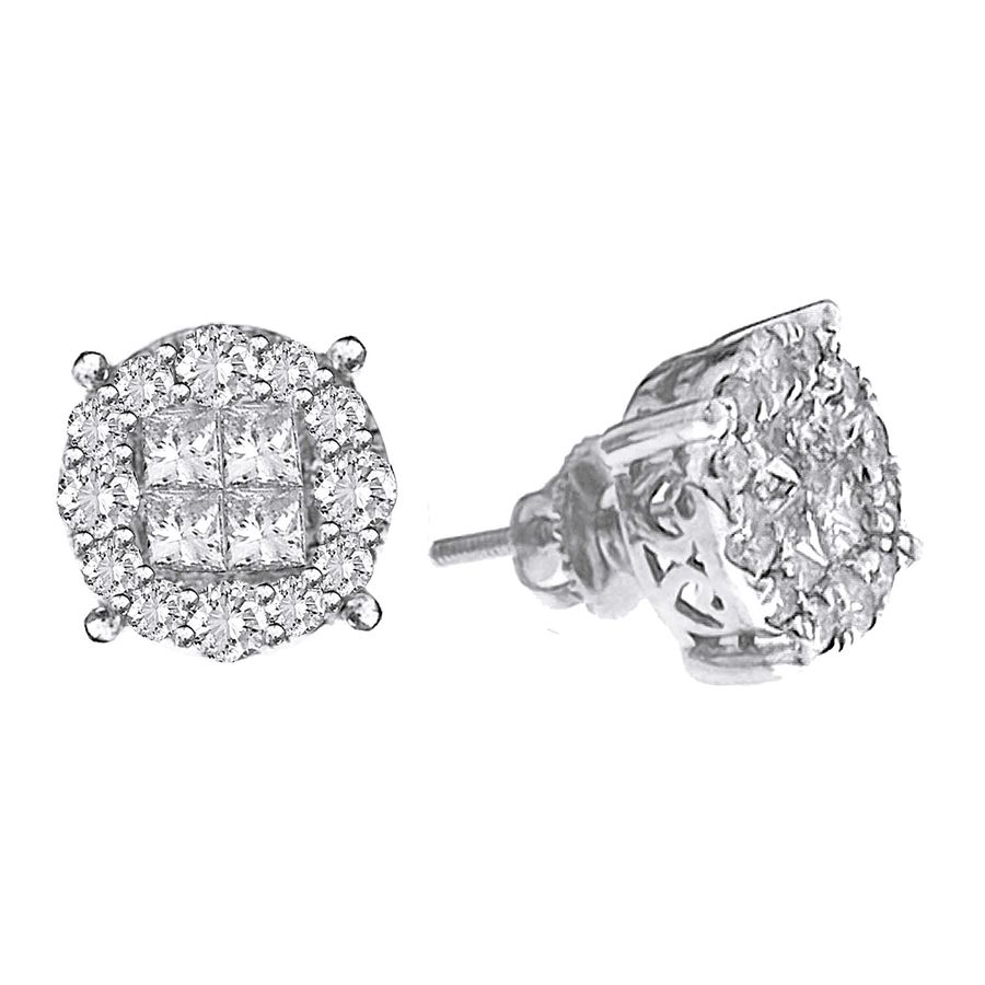 LADIES STUD EARRINGS 2.00CT ROUND/PRINCESS DIAMOND 14K WHITE GOLD