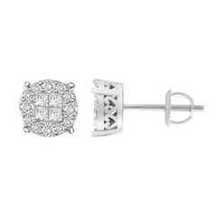 LADIES STUD EARRINGS 1.50CT ROUND/PRINCESS DIAMOND 14K WHITE GOLD