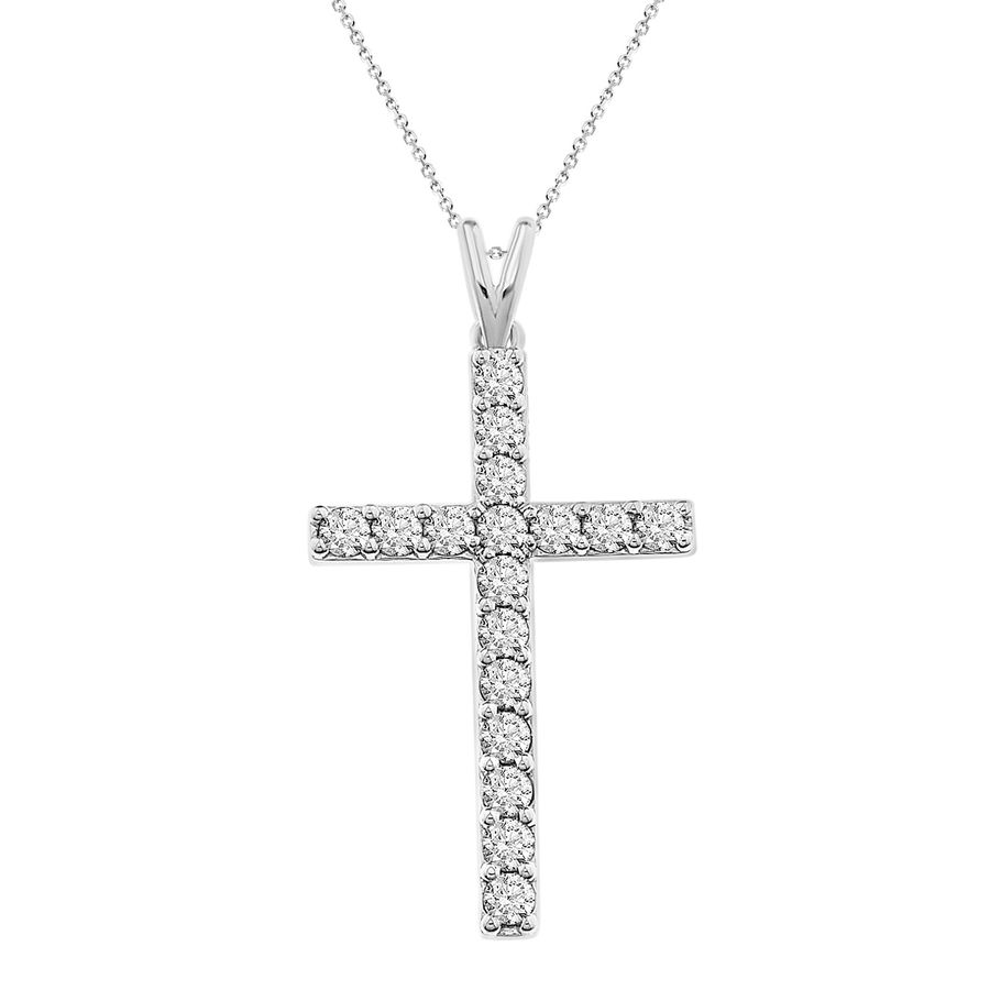 LADIES CROSS PENDANT WITH CHAIN 1.00CT ROUND DIAMOND 14K WHITE GOLD