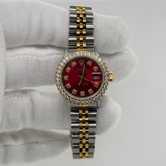 Rolex DateJust 26mm – Red Dial with Natural Diamond Bezel