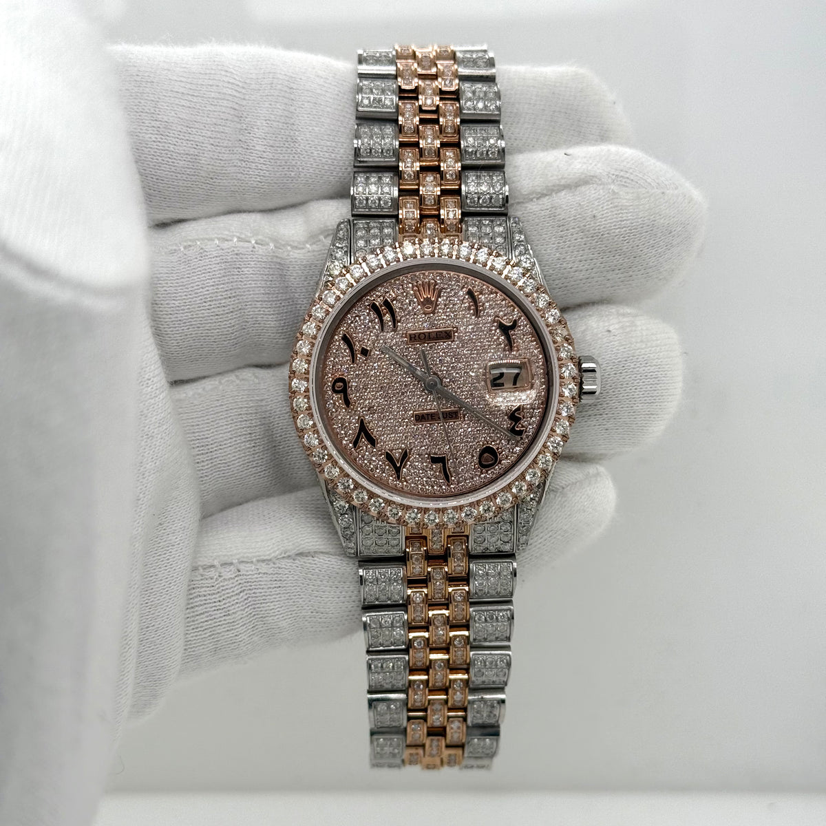 Rolex DateJust 36mm – Two Tone Rose Gold, Arabic Dial, Fully Iced Out