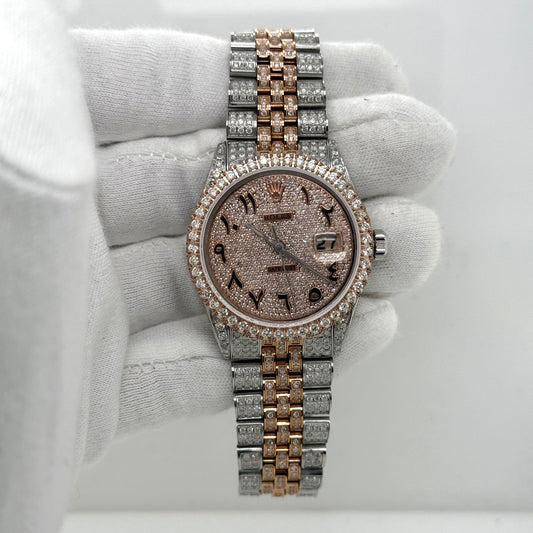 Rolex DateJust 36mm – Two Tone Rose Gold, Arabic Dial, Fully Iced Out