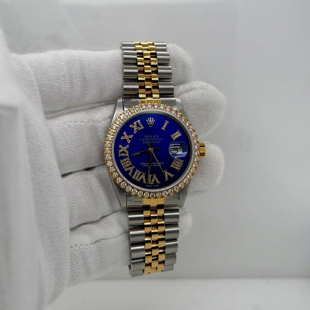 Rolex DateJust 36mm – Two Tone Gold, Roman Dial, Diamond Bezel, Blue Face