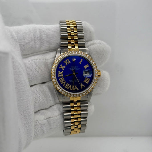 Rolex DateJust 36mm – Two Tone Gold, Roman Dial, Diamond Bezel, Blue Face