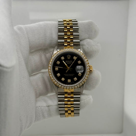 Rolex DateJust 36mm – Two Tone Gold, Diamond Bezel, Black Dial