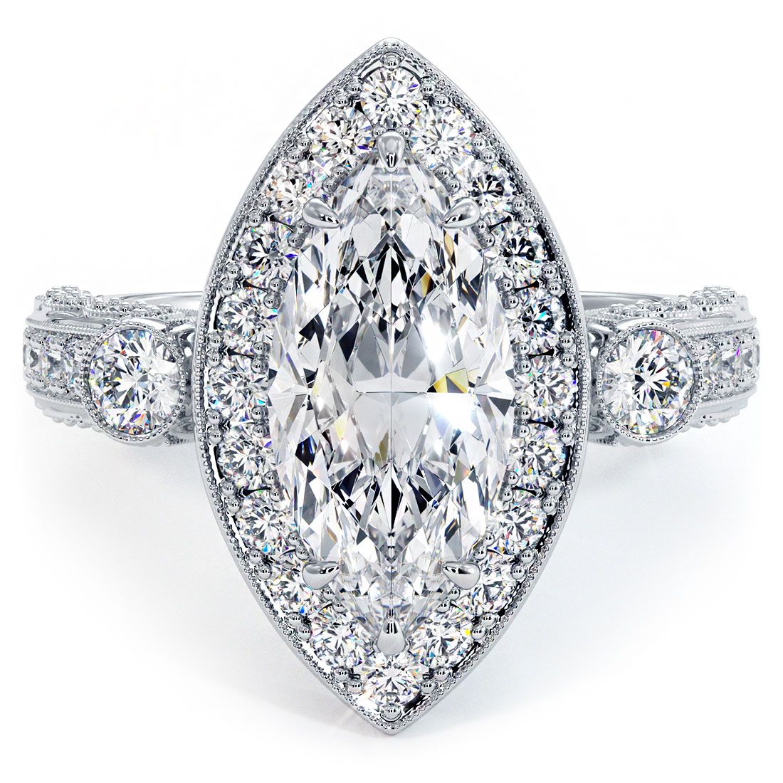 Marquise Halo Milgrain Filigree Vintage Diamond Engagement Ring Setting (Center Stone Not Included)