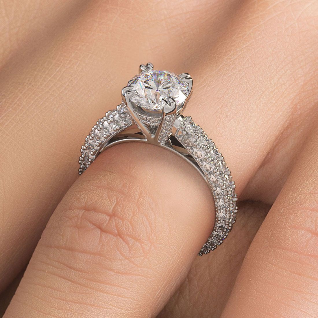 Round Center With Split Prongs Micropave Diamond Engagement Ring Setting (Center Stone Not Included)