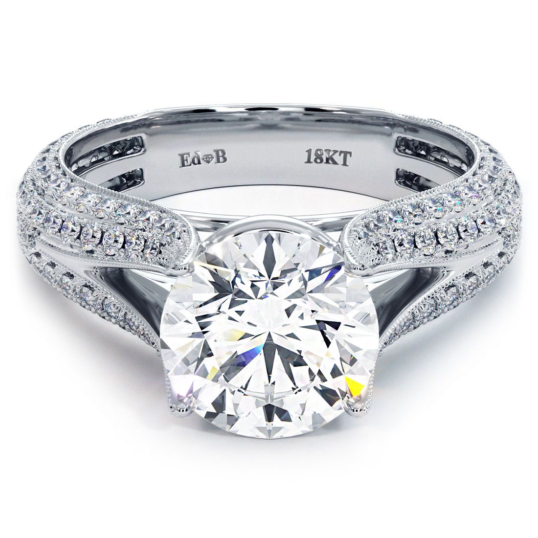 Round Center Micropave Split Shank Cathedral Diamond Engagement Ring Setting (Center Stone Not Included)