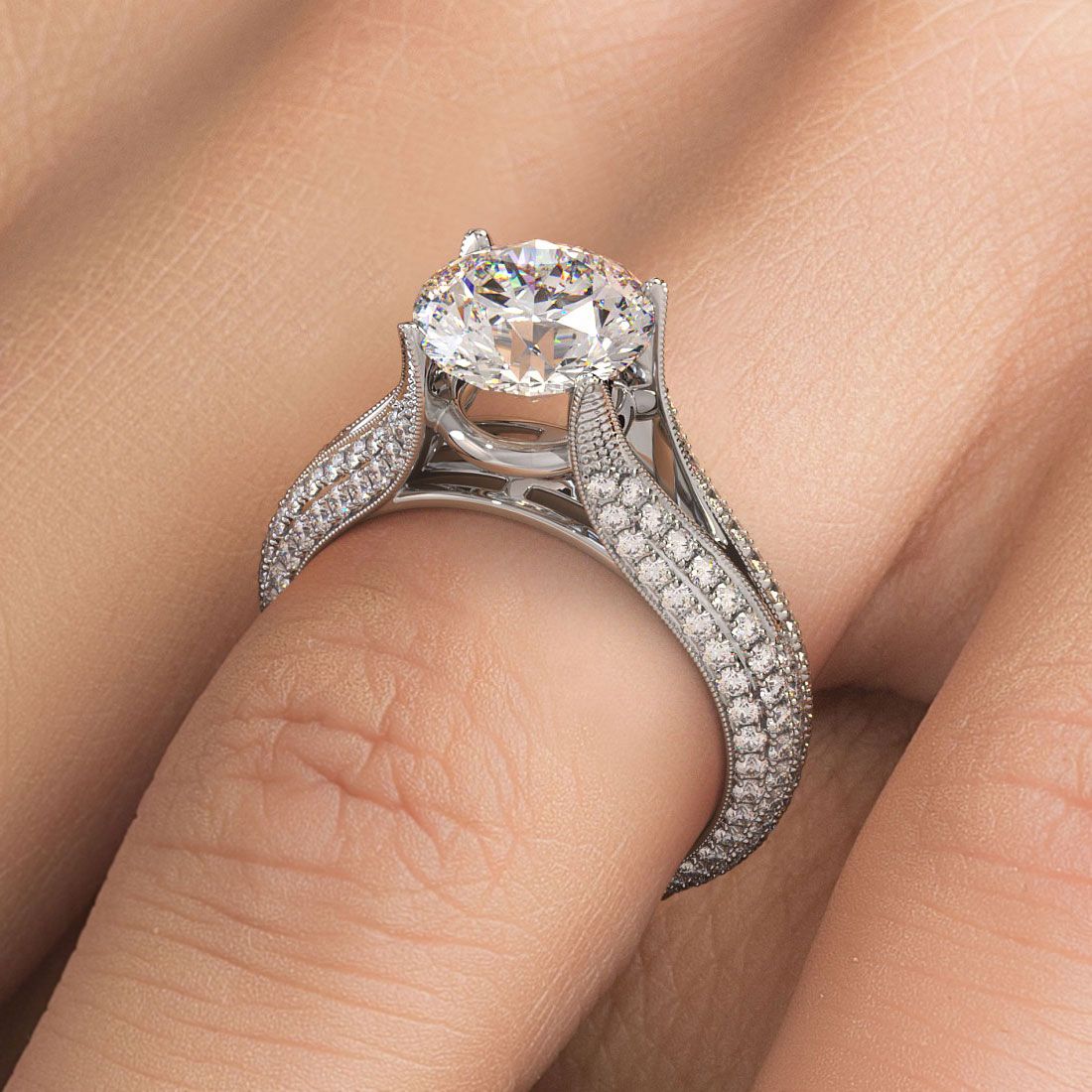 Round Center Micropave Split Shank Cathedral Diamond Engagement Ring Setting (Center Stone Not Included)