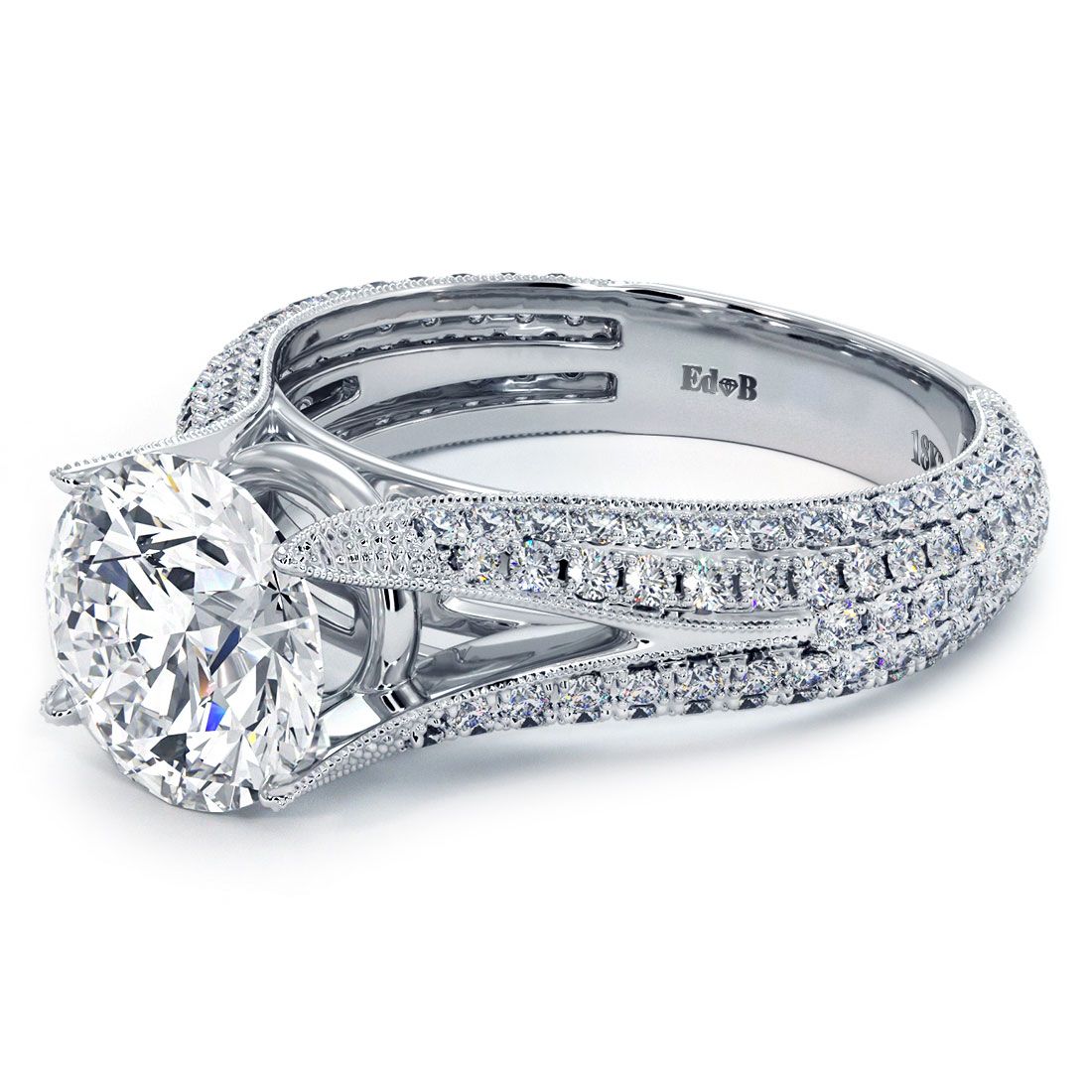 Round Center Micropave Split Shank Cathedral Diamond Engagement Ring Setting (Center Stone Not Included)