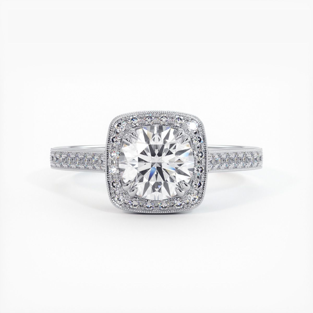 Cushion Halo With Round Center, Micropave Milgrain Diamond Engagement Ring Setting (Center Stone Not Included)