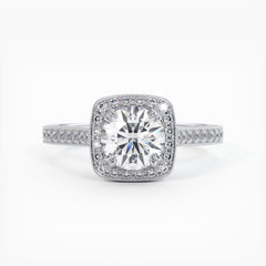 Cushion Halo With Round Center, Micropave Milgrain Diamond Engagement Ring Setting (Center Stone Not Included)