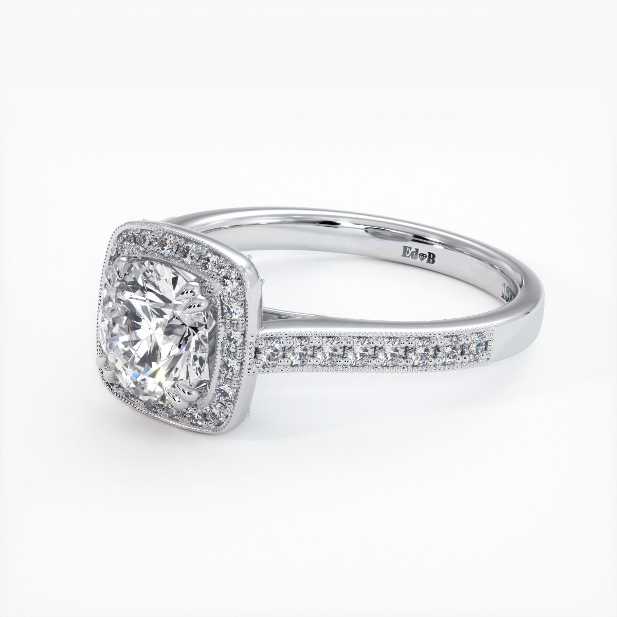 Cushion Halo With Round Center, Micropave Milgrain Diamond Engagement Ring Setting (Center Stone Not Included)