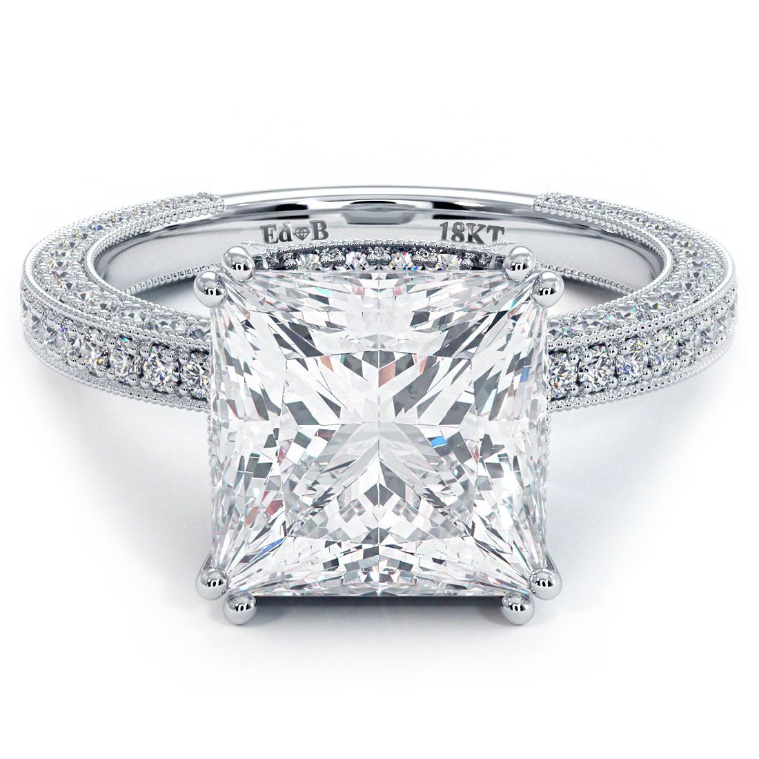 Asscher Cut Double Prongs 3 Sided Micropave Shank Diamond Engagement Ring Setting With Milgrain (Center Stone Not Included)