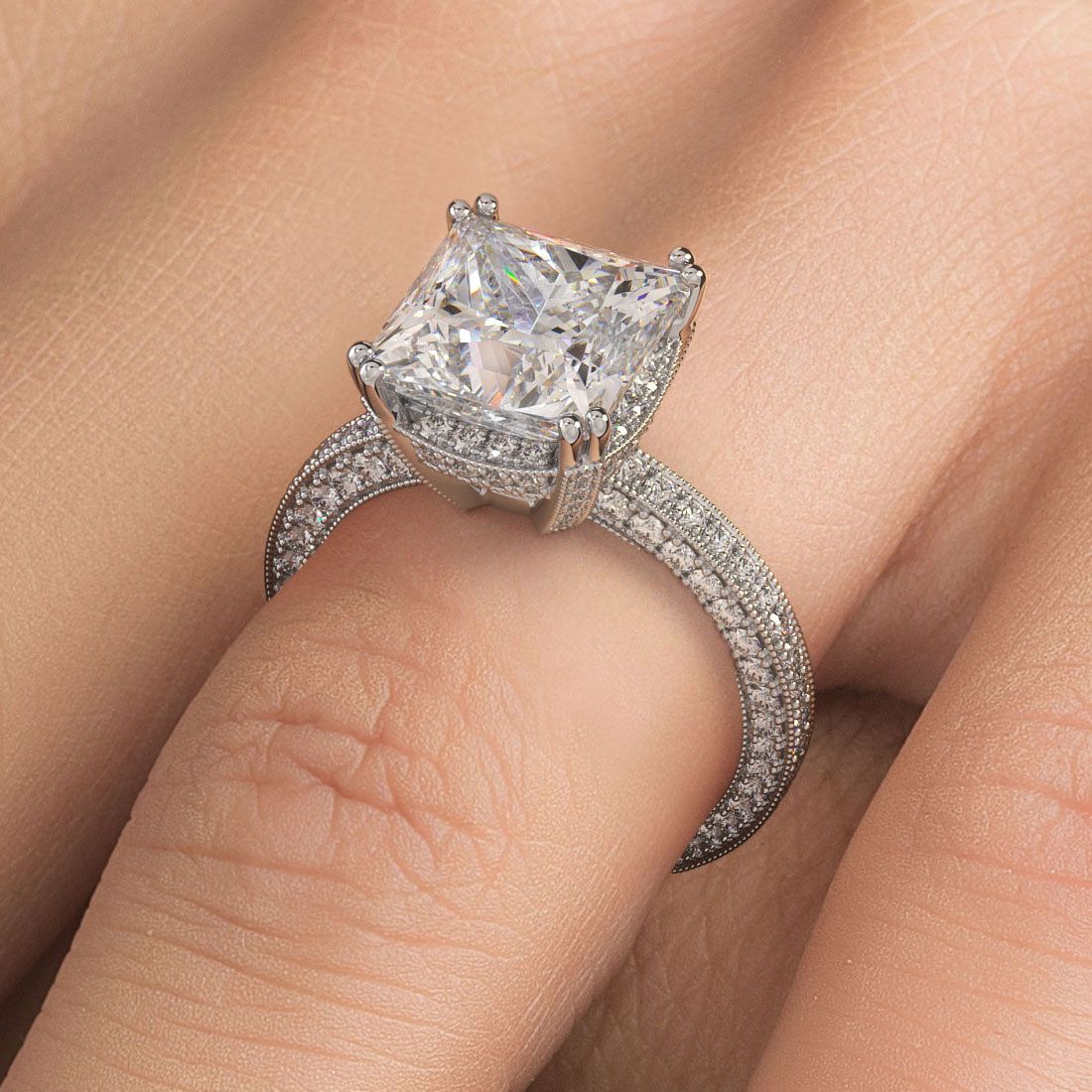 Asscher Cut Double Prongs 3 Sided Micropave Shank Diamond Engagement Ring Setting With Milgrain (Center Stone Not Included)