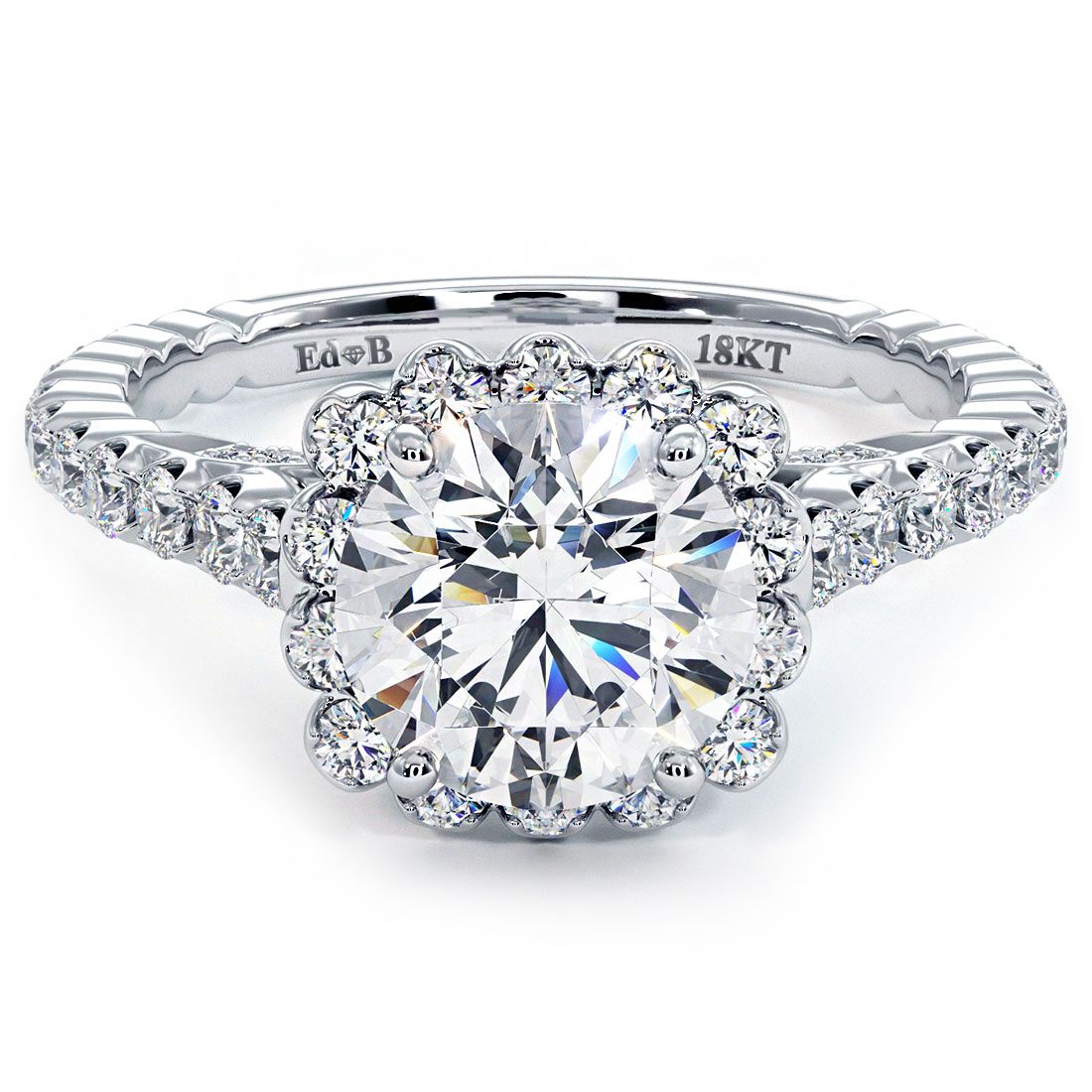 Cushion Halo With Round Center Beaded Prong Diamond Engagement Ring Setting (Center Stone Not Included)