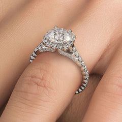 Cushion Halo With Round Center Beaded Prong Diamond Engagement Ring Setting (Center Stone Not Included)