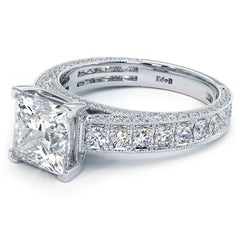 Princess Cut Center Three Sided Micropave Milgrain Shank Diamond Engagement Ring Setting (Center Stone Not Included)