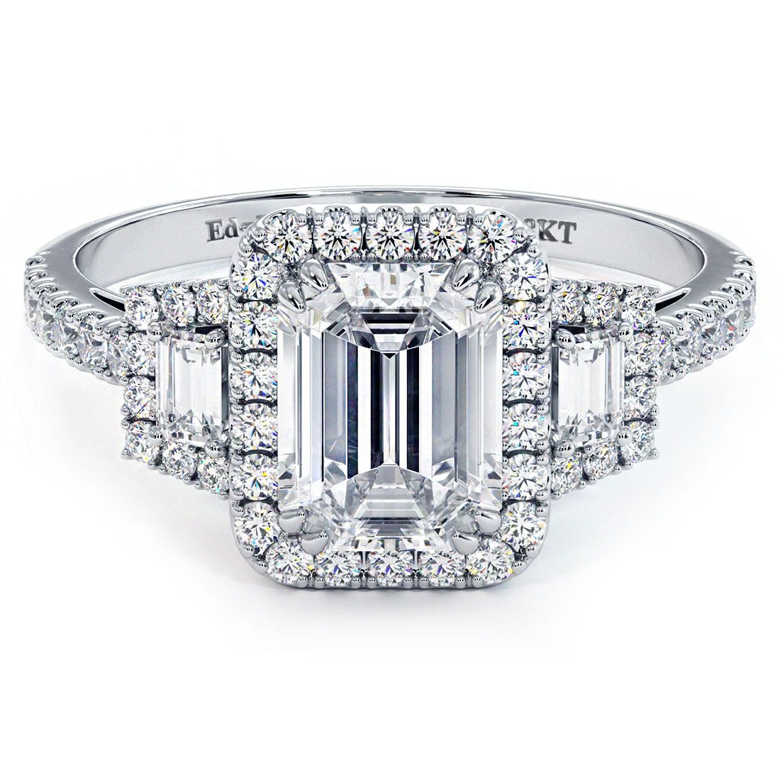 Emerald Cut Halo With Two Trapezoids On Sides Micropave Diamond Engagement Ring Setting (Center Stone Not Included)