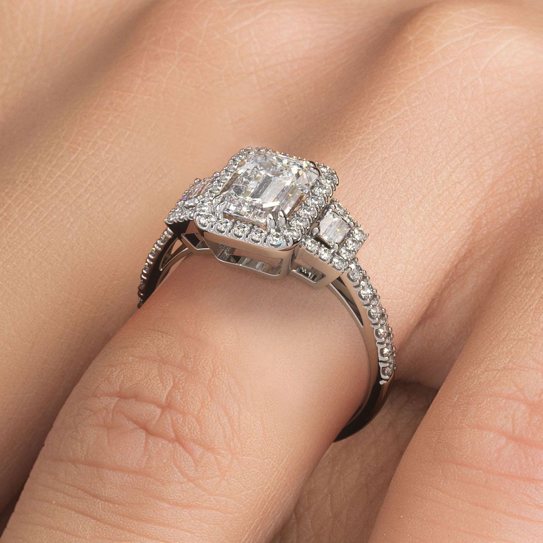 Emerald Cut Halo With Two Trapezoids On Sides Micropave Diamond Engagement Ring Setting (Center Stone Not Included)