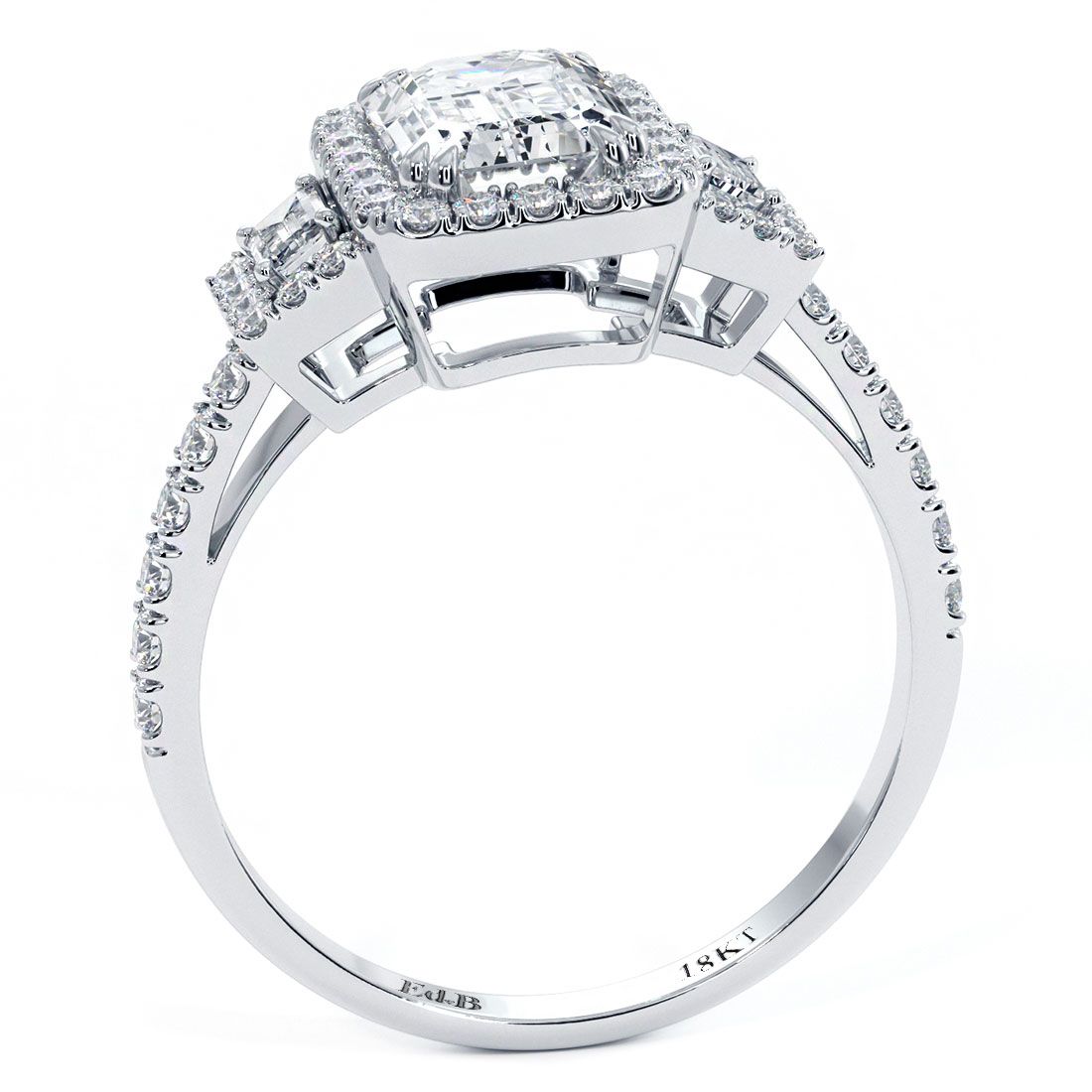 Emerald Cut Halo With Two Trapezoids On Sides Micropave Diamond Engagement Ring Setting (Center Stone Not Included)