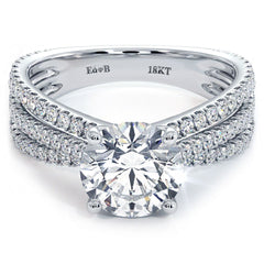 Round Center, Three Stone Micropave Diamond Engagement Ring Setting (Center Stone Not Included)