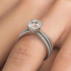 Round Center, Three Stone Micropave Diamond Engagement Ring Setting (Center Stone Not Included)