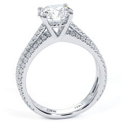 Round Center, Three Stone Micropave Diamond Engagement Ring Setting (Center Stone Not Included)