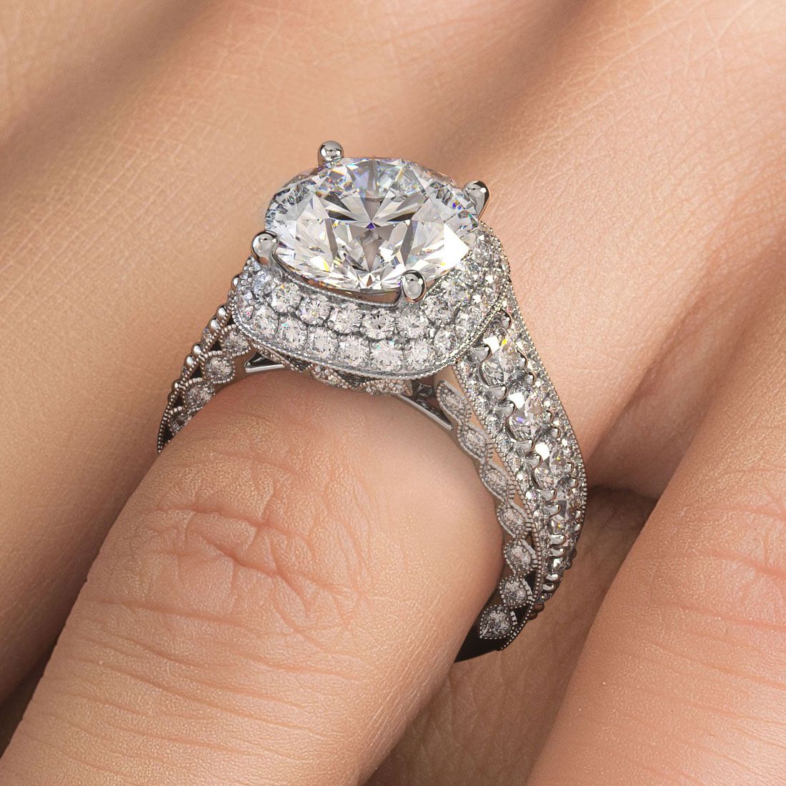 Cushion Halo With Round Center Diamond Vintage Style Micropave Graduated Shank Diamond Engagement Ring Setting (Center Stone Not Included)