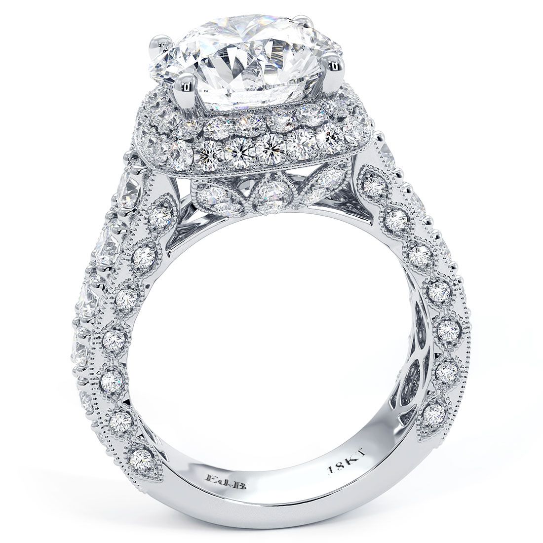 Cushion Halo With Round Center Diamond Vintage Style Micropave Graduated Shank Diamond Engagement Ring Setting (Center Stone Not Included)