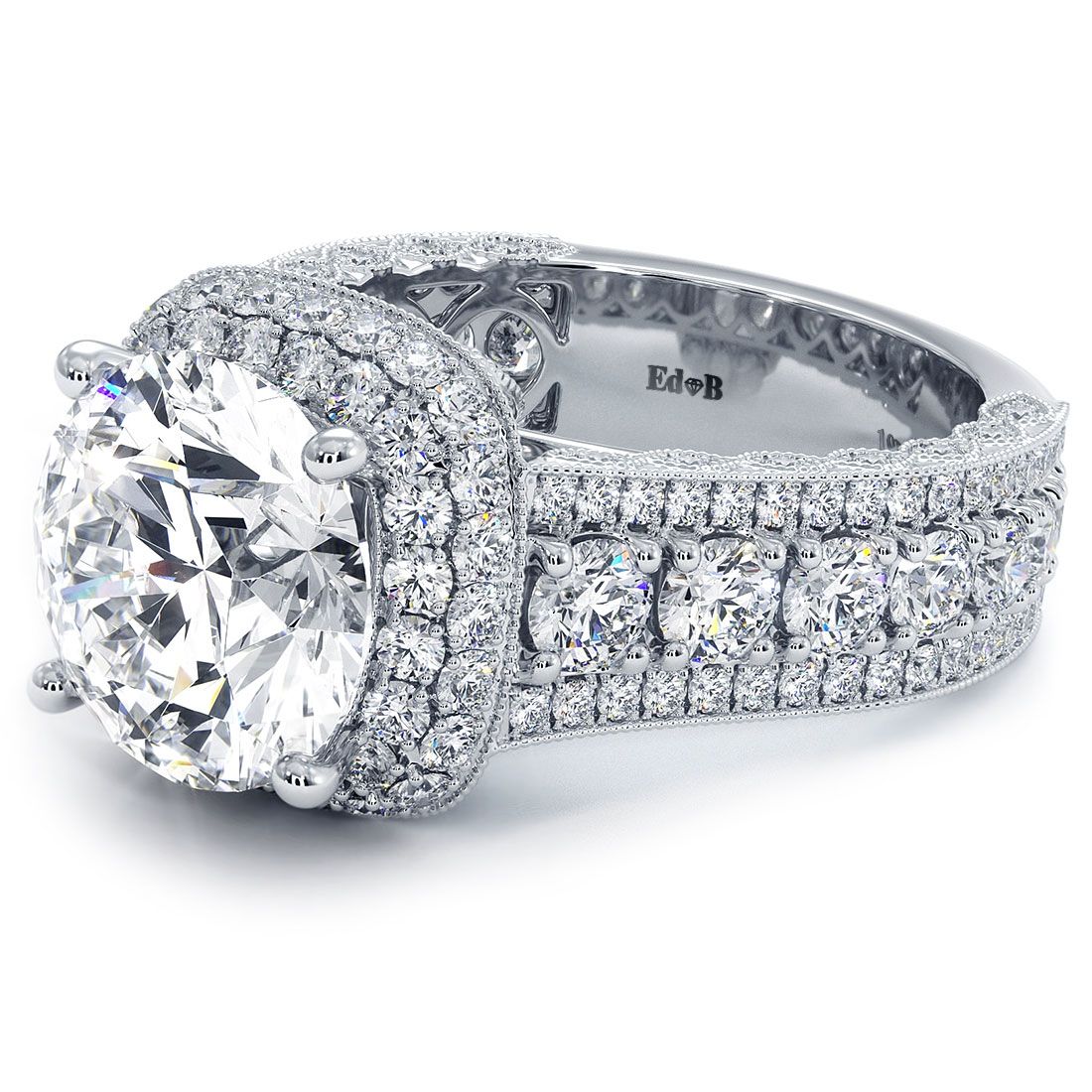 Cushion Halo With Round Center Diamond Vintage Style Micropave Graduated Shank Diamond Engagement Ring Setting (Center Stone Not Included)