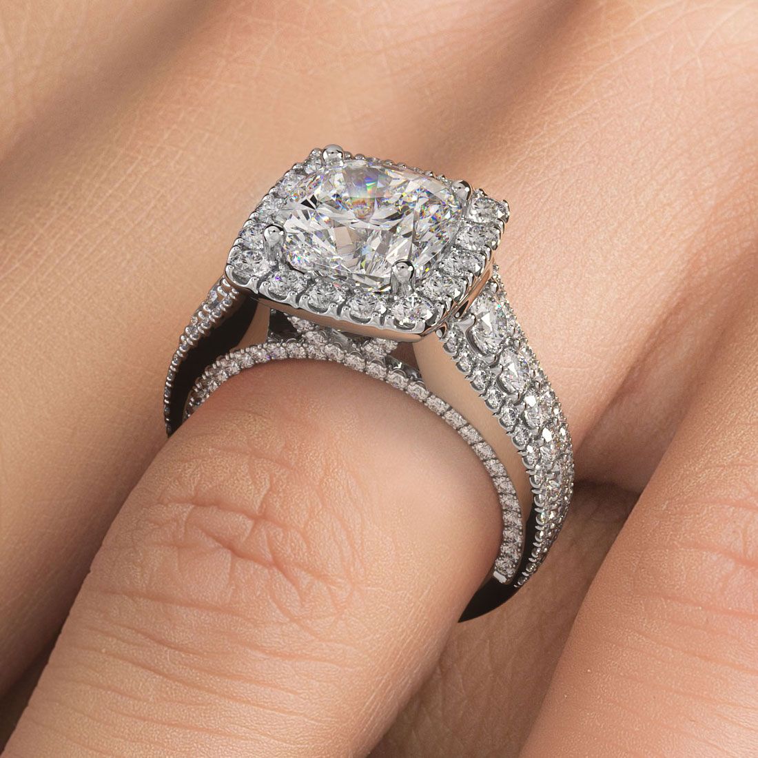 Cushion Halo Vintage Style Micropave Graduated Shank Diamond Engagement Ring Setting (Center Stone Not Included)