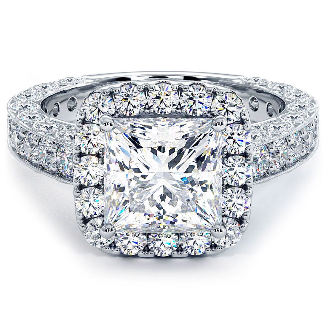 Cushion Halo With Princess Cut Center Diamond Filigree Vintage Style Diamond Engagement Ring Setting (Center Stone Not Included)