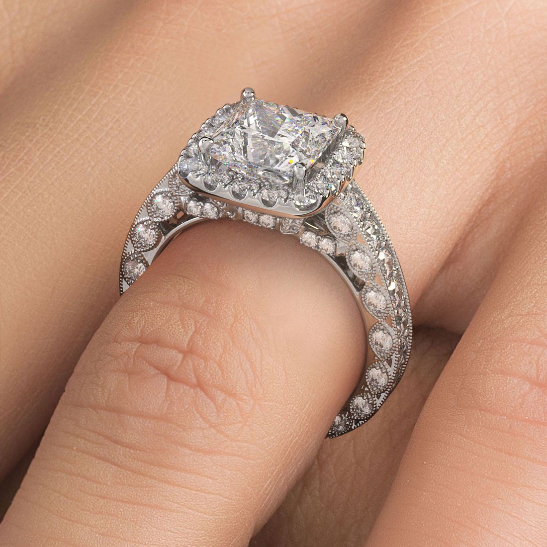 Cushion Halo With Princess Cut Center Diamond Filigree Vintage Style Diamond Engagement Ring Setting (Center Stone Not Included)