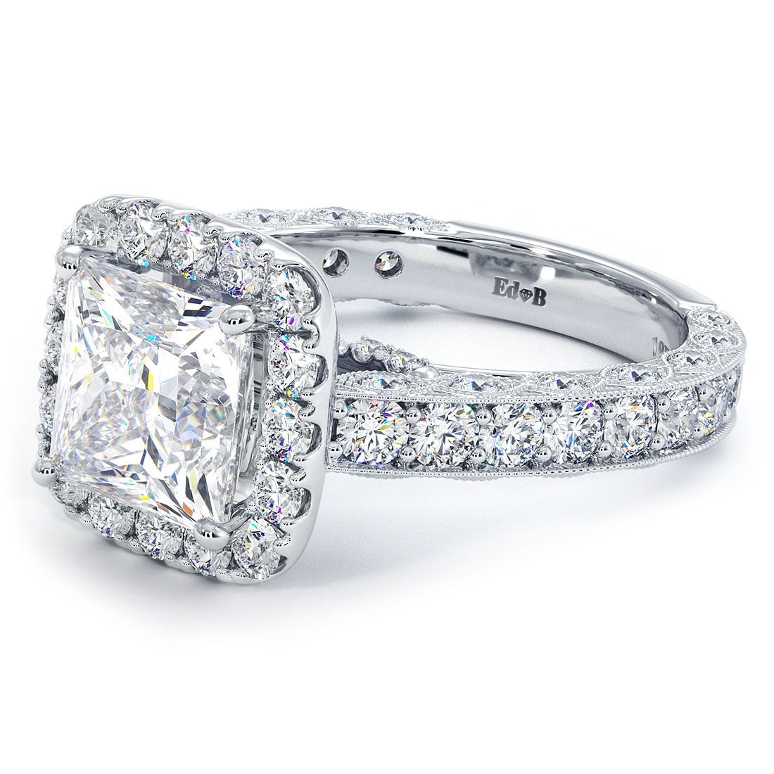 Cushion Halo With Princess Cut Center Diamond Filigree Vintage Style Diamond Engagement Ring Setting (Center Stone Not Included)