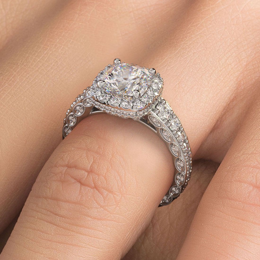 Cushion Halo, Filigree, Vintage Style Diamond Engagement Ring Setting (Center Stone Not Included)