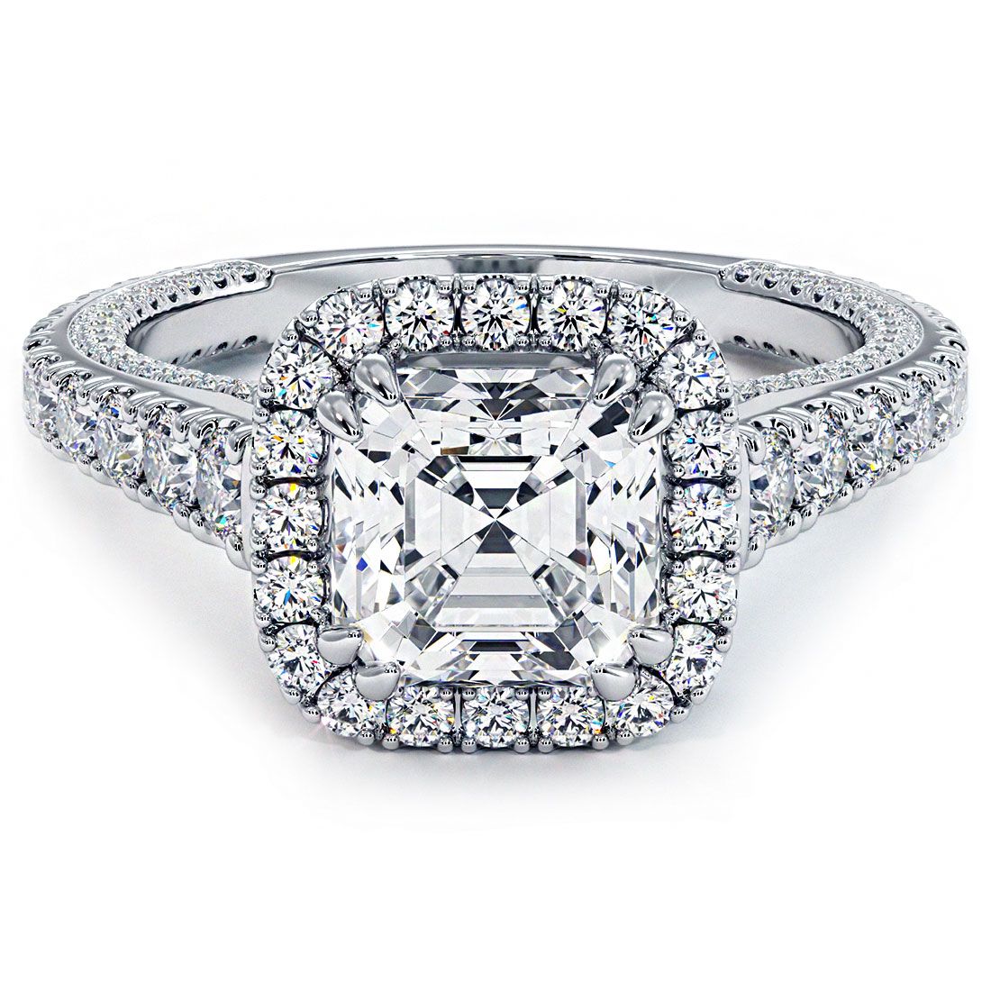 Cushion Halo With Asscher Cut Center Micropave Diamond Engagement Ring Setting (Center Stone Not Included)