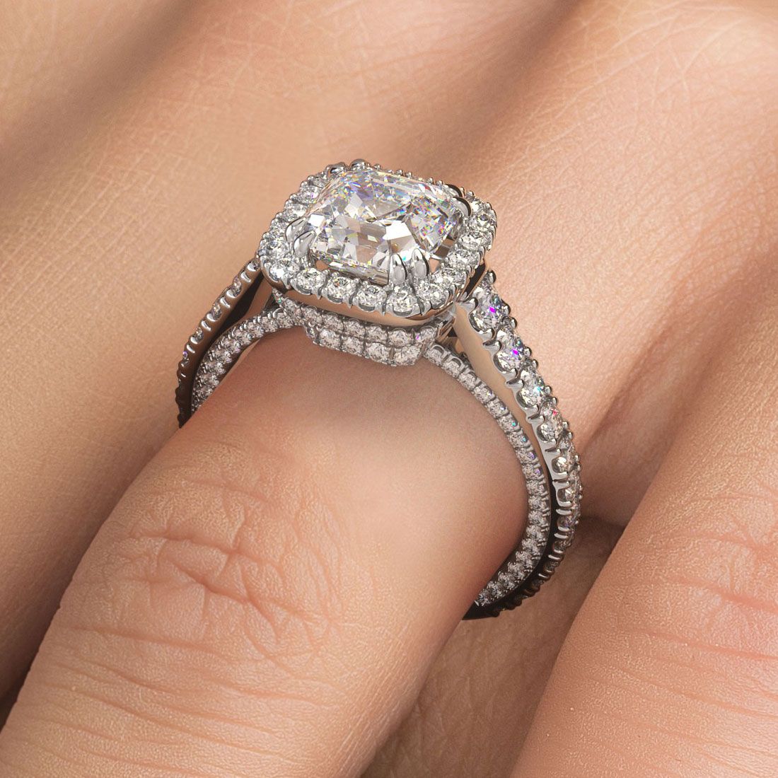 Cushion Halo With Asscher Cut Center Micropave Diamond Engagement Ring Setting (Center Stone Not Included)