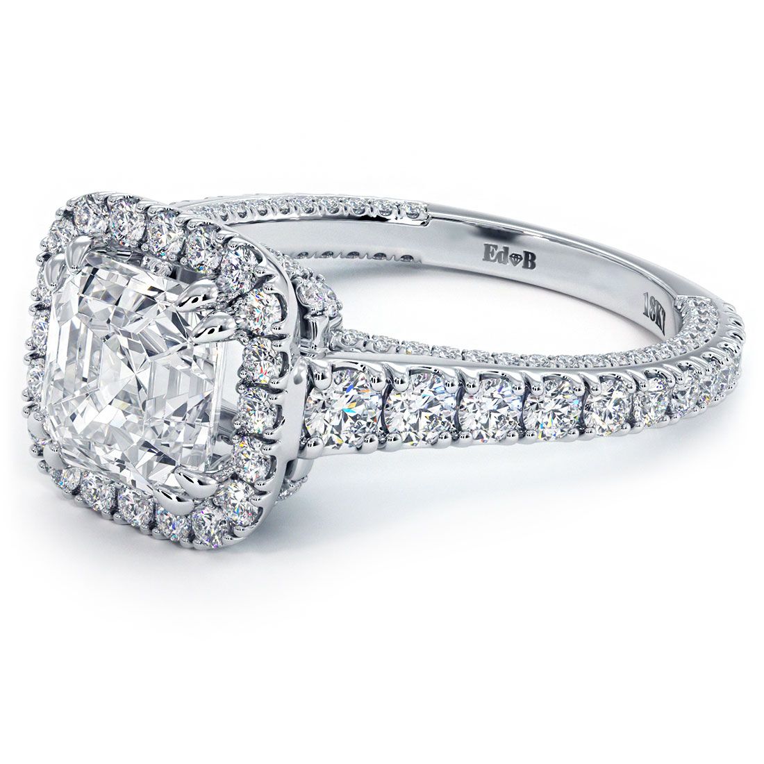 Cushion Halo With Asscher Cut Center Micropave Diamond Engagement Ring Setting (Center Stone Not Included)