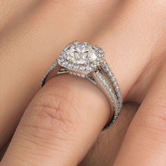 Cushion Halo With Round Center Diamond Split Shank French Cut Diamond Engagement Ring Setting (Center Stone Not Included)