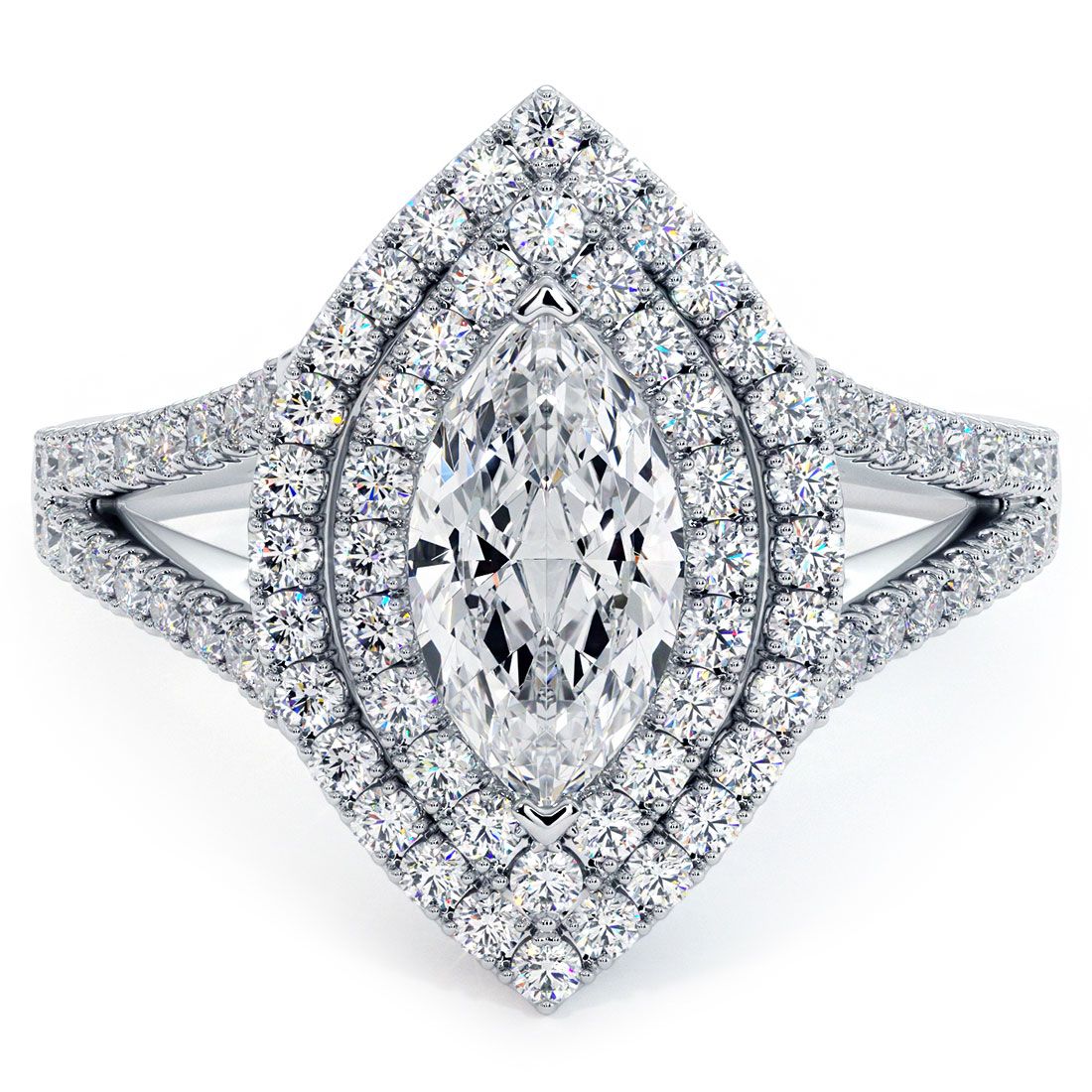 Marquise Shape Double Halo Micropave Split Shank Diamond Engagement Ring Setting (Center Stone Not Included)